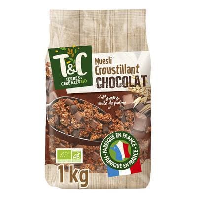 Terres et Céréales Bio Céréales muesli croustillant chocolat sans huile de palme Bio, 1kg