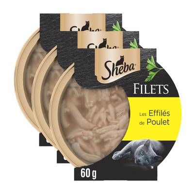 Sheba - Filets Barquette Effilés de Poulet pour Chat Adulte, Lot de 3x60g