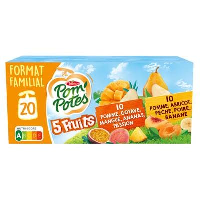 Pom Potes Gourdes 5 fruits jaunes et exotiques sans sucres ajoutés, 20 gourdes de 90g