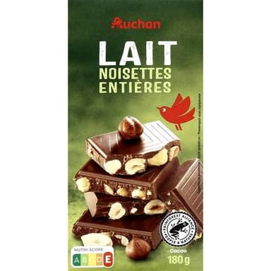 Auchan Tablette de chocolat au lait aux noisettes entières, 180g