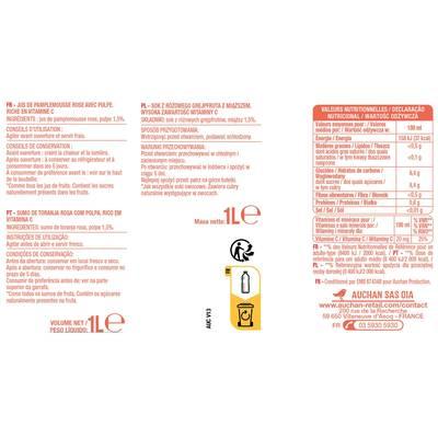 3254566096176 - Auchan - Pur jus de pamplemousse rose sans sucres ajoutés