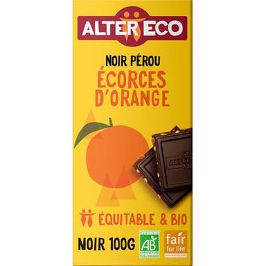 Alter Eco - Commerce Equitable Chocolat noir écorces d'orange 60% Cacao Bio du Pérou, 100g