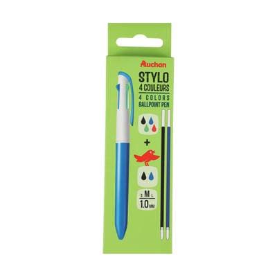Auchan Stylo bille 4 couleurs pointe moyenne avec recharge bleue et noire, 1 stylo bille 4 couleurs avec 1 recharge bleue et 1 recharge noire