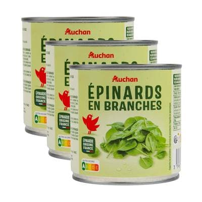Auchan Epinards en branches en conserve, Lot de 3x265g