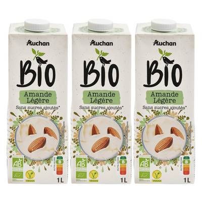 Auchan BIO Lait d'Amande légère sans sucres ajoutés bio boisson végétale, Lot de 3x1L