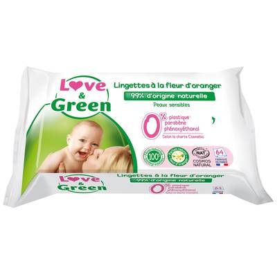 Love & Green Lingettes hypoallergéniques à la fleur d'oranger Bio, 64 lingettes
