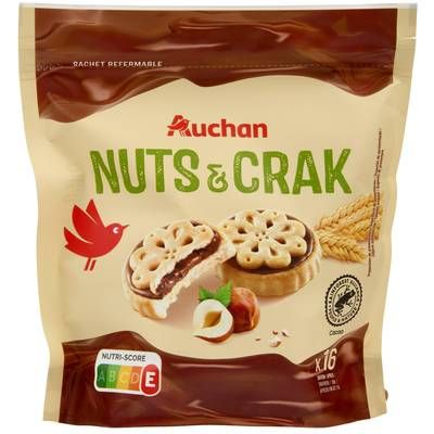 Auchan Mon goûter Biscuits fourrés à la pâte à tartiner noisettes x16, 228g