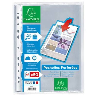 Exacompta Pochettes transparentes perforées A4 21x29,7 cm, 50 pochettes