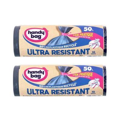 Handy Bag Sacs poubelle 50L liens ultra-résistants, Lot de 2x10 sacs de 50L