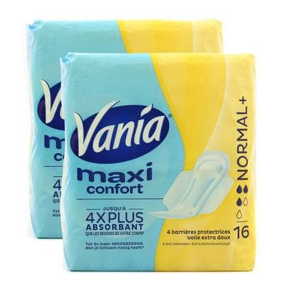 Vania Serviettes hygiéniques maxi confort flux normal +, Lot de 2x16 pièces