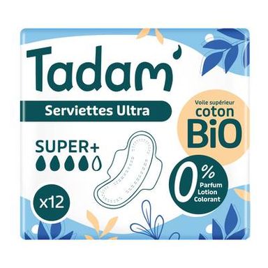 Tadam Serviettes hygiéniques bio Ultra Super + avec ailettes, 12 serviettes