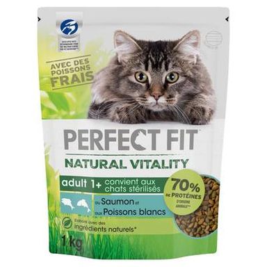 Perfect Fit - Natural Vitality Croquettes Saumon et Poissons blancs pour chat adulte stérilisé, 1kg