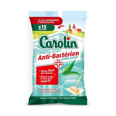 Carolin Lingettes Sols Anti-Bactérien Sans Javel Eucalyptus Sans Plastique Fibres, 15 lingettes