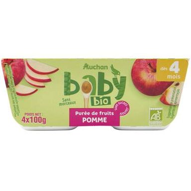 Auchan Baby Bio Dessert pomme bio Coupelle Bébé dès 4 mois, 4x100g