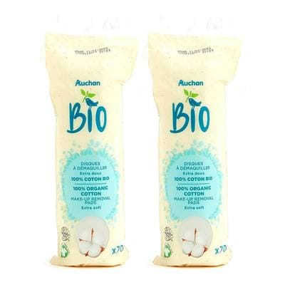 Auchan BIO Cotons disques bio à démaquiller, Lot de 2x70 cotons