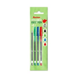Auchan Stylos billes pointe moyenne 1 mm, 4 stylos