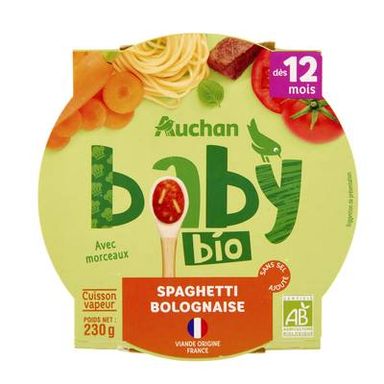 Auchan Baby Bio Spaghetti bolognaise Bio Assiette bébé dès 12 mois, 230g