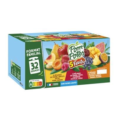 Pom Potes Gourdes 5 fruits sans sucres ajoutés, 32 gourdes de 90g