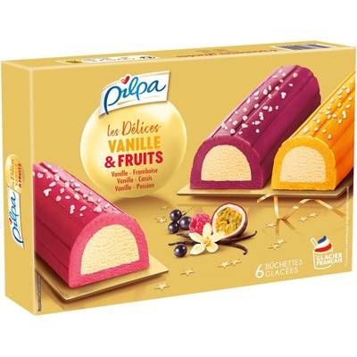 Pilpa 6 Bûchettes glacées Délice vanille et fruits- Passion Vanille - Cassis Vanille - Framboise Vanille 6x110ml, Boite de 360g