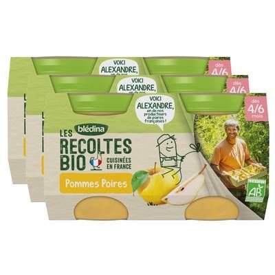 Blédina - Les Récoltes Bio Pomme Poire Bio Pot Bébé Dès 4/6 mois, Lot de 3x2x130g