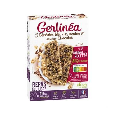 Gerlinéa 12 Barres repas céréales aux pépites de chocolat -61% de sucres, 12x31g