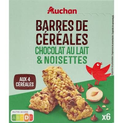 Auchan Barres de céréales chocolat au lait et noisettes, 6 barres