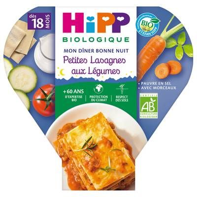 Hipp - Mon Dîner Bonne Nuit Petites Lasagnes aux Légumes Bio Assiette Bébé Dès 18 mois, 260g