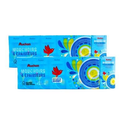 Auchan Paquets de mouchoirs doux & résistant 4 épaisseurs, Lot de 2 x 24 paquets