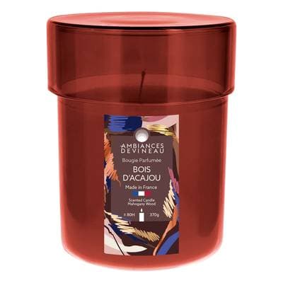 Ambiances Devineau Bonbonnière laquée prune avec capot transparent rempli de bougie parfumée Bois d'Acajou, 1 bougie