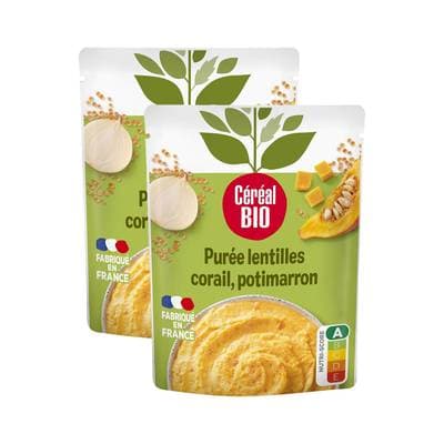 Céréal Bio Purée de Lentilles Corail et Potimarron Vegan Bio en sachet micro-ondable, Lot de 2x250g