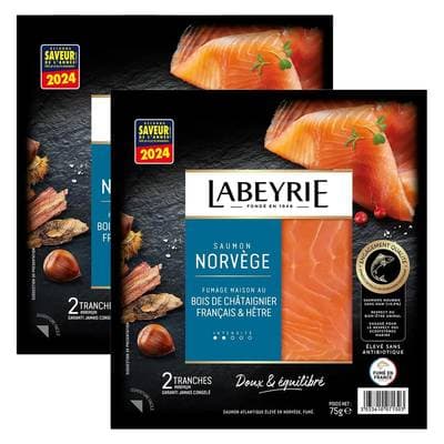 Labeyrie Saumon de Norvège Fumé au Bois de Châtaigner et Hêtre, Lot de 2x75g