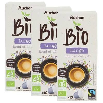 Auchan BIO Café en capsules Lungo Bio, Lot de 3x10 capsules
