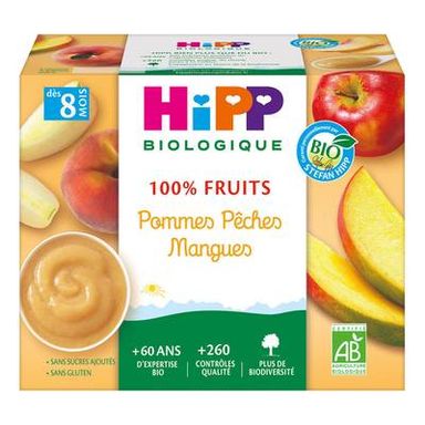 Hipp - 100% Fruits Pommes Pêches Mangues Bio Coupelle Bébé Dès 8 mois, 4x100g