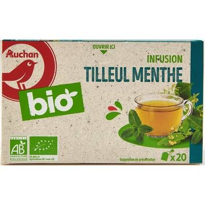 Auchan BIO Infusion tilleul menthe bio, 20 sachets