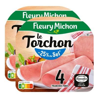 Fleury Michon Jambon Le torchon Taux de Sel Réduit, Lot de 2x4 tranches - 120g